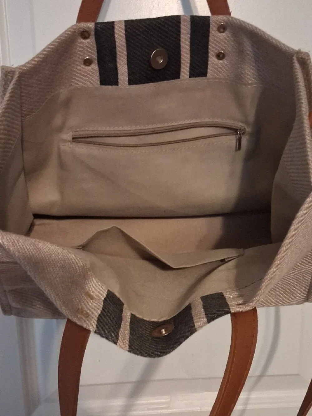 Canvas Tote Messenger Bag with Brown Trim and Black Stripe